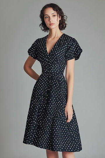 Black A Line V Neck Mini Polka Dots Dress with Short Sleeves